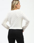 Madame Textured Round Neck Off White Zip Up Knit Top