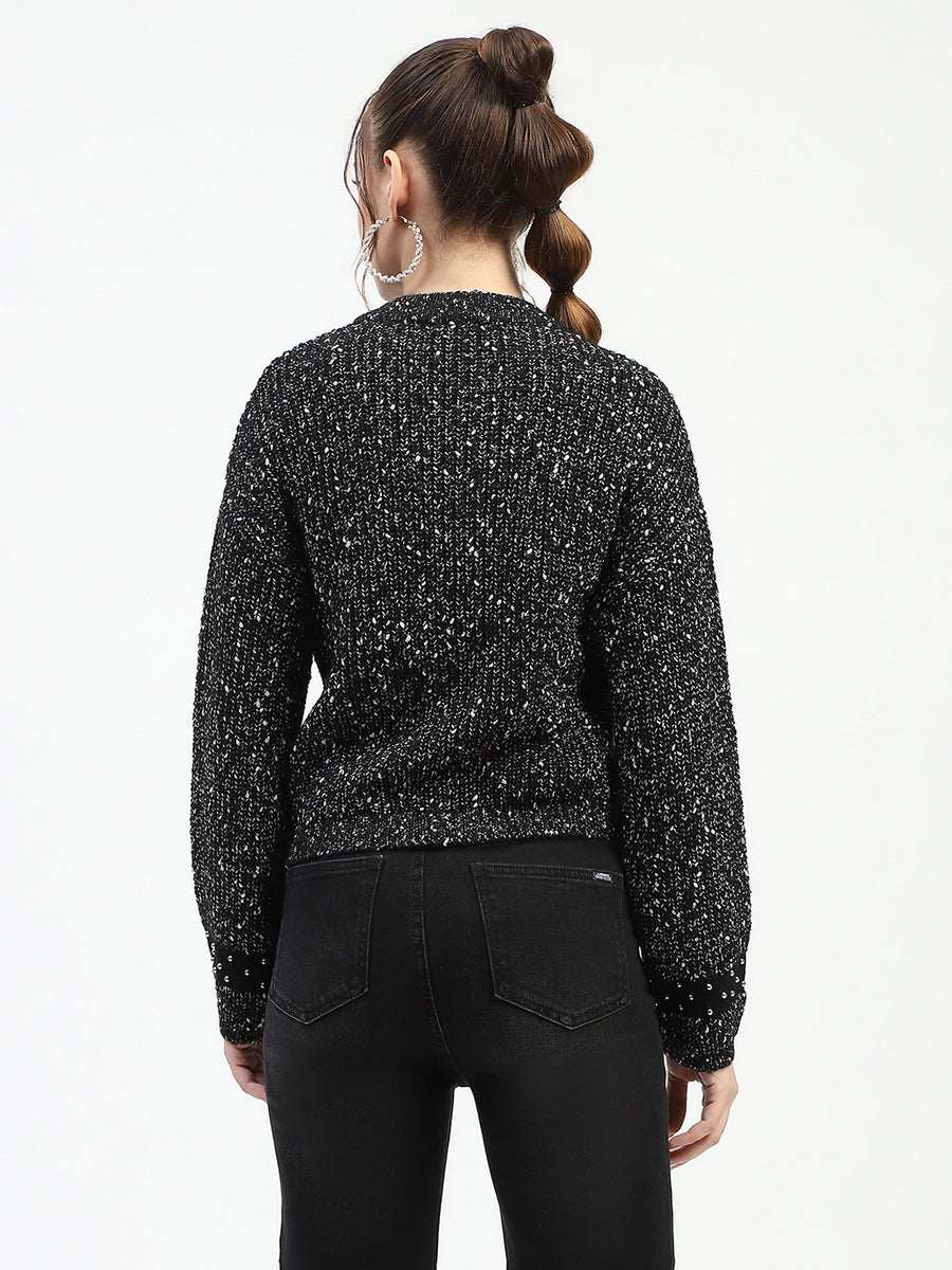 Madame Black Speckled Pullover Sweater with Half-Zip