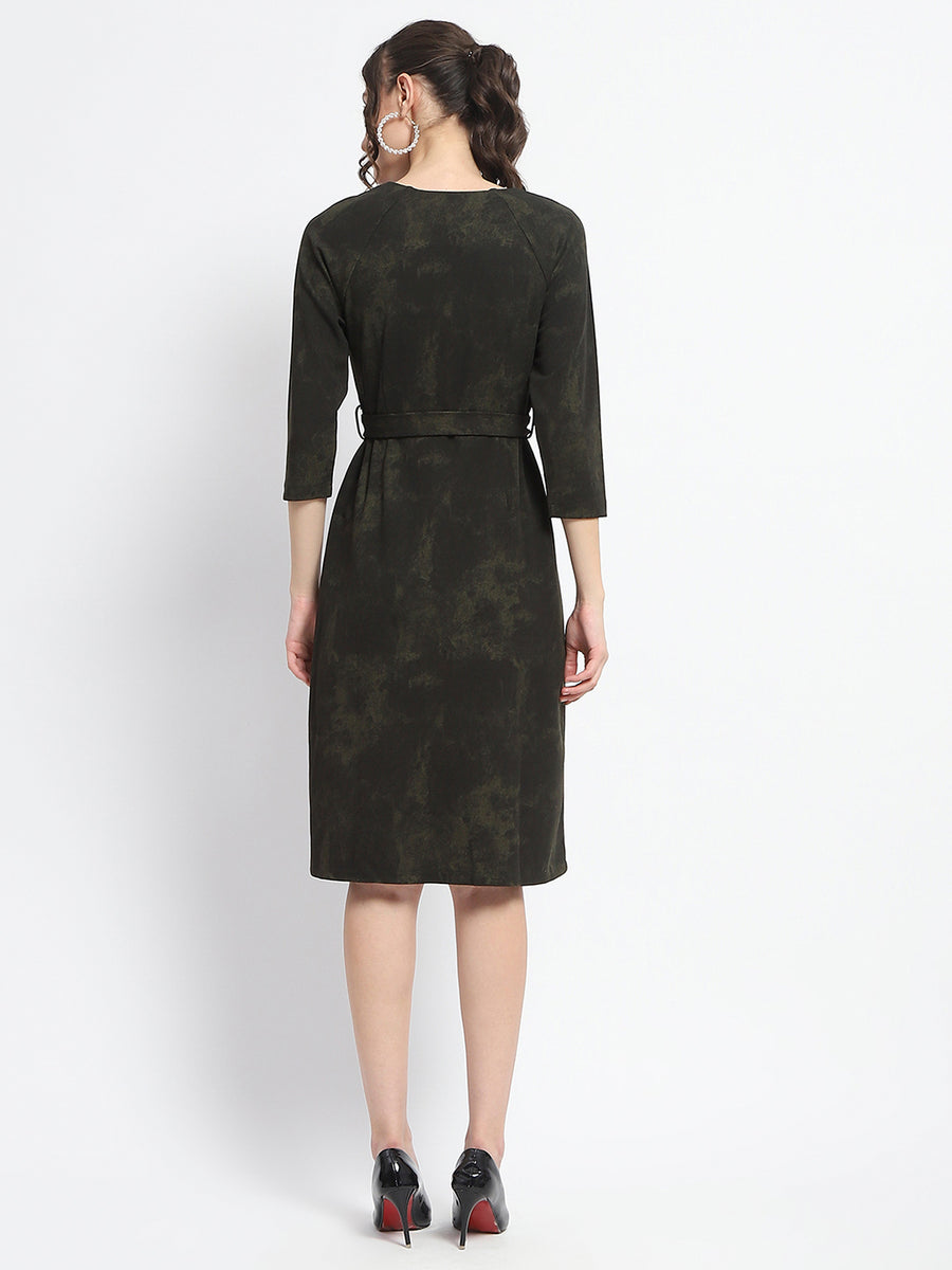 Madame Front Zip Detailed Printed Olive Midi Dress