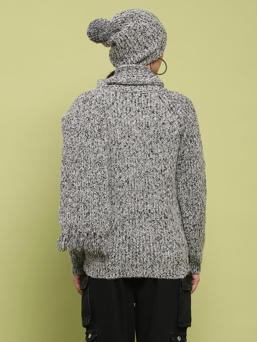 Madame Self Design Regular Fit Grey Sweater