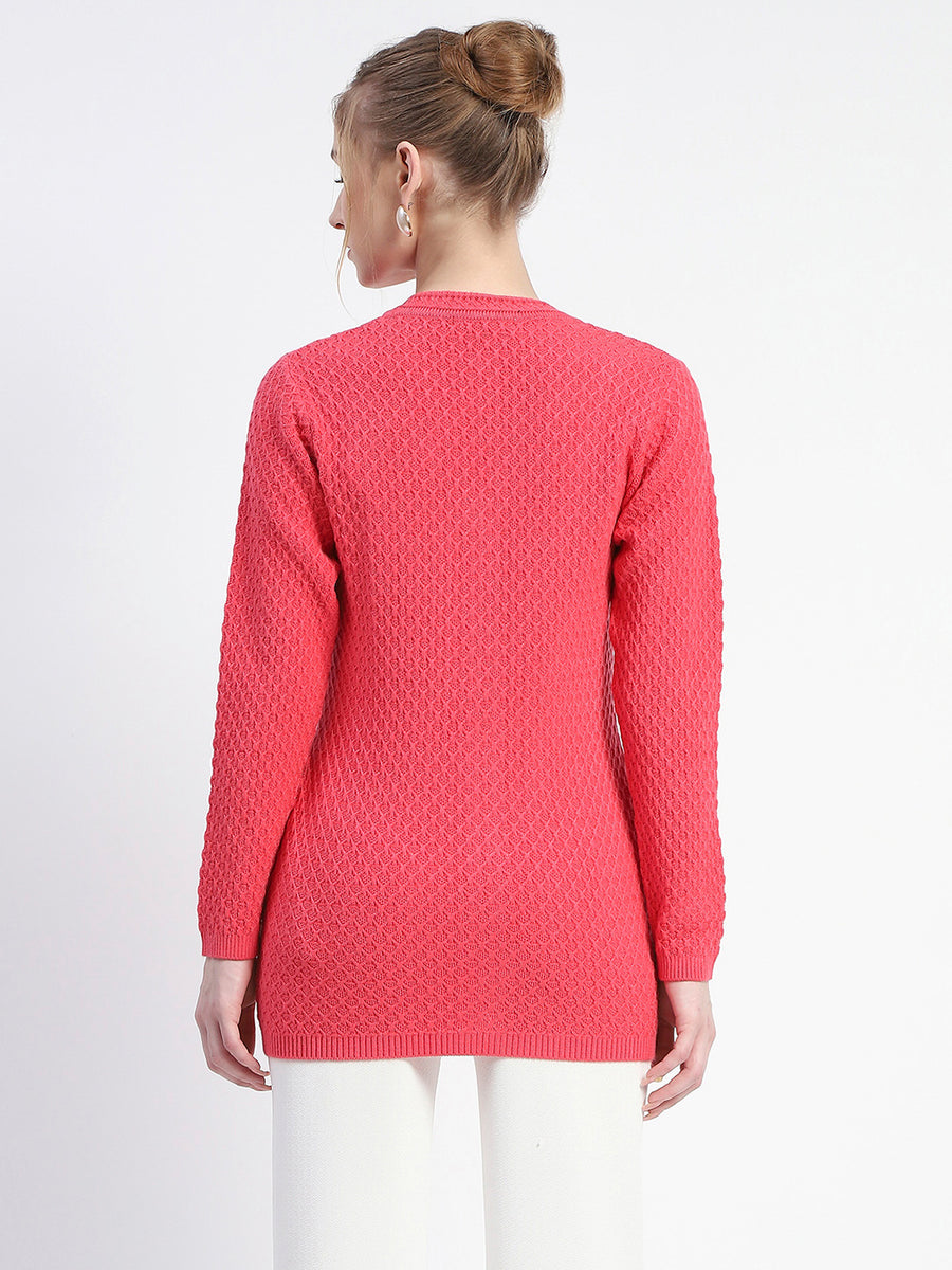 Madame Solid Coral Cable Knit Full Sleeve Cardigan