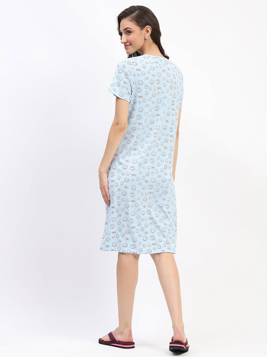 mSECRET Sky Blue Smiley Print Short-Sleeve Cotton Nightdress