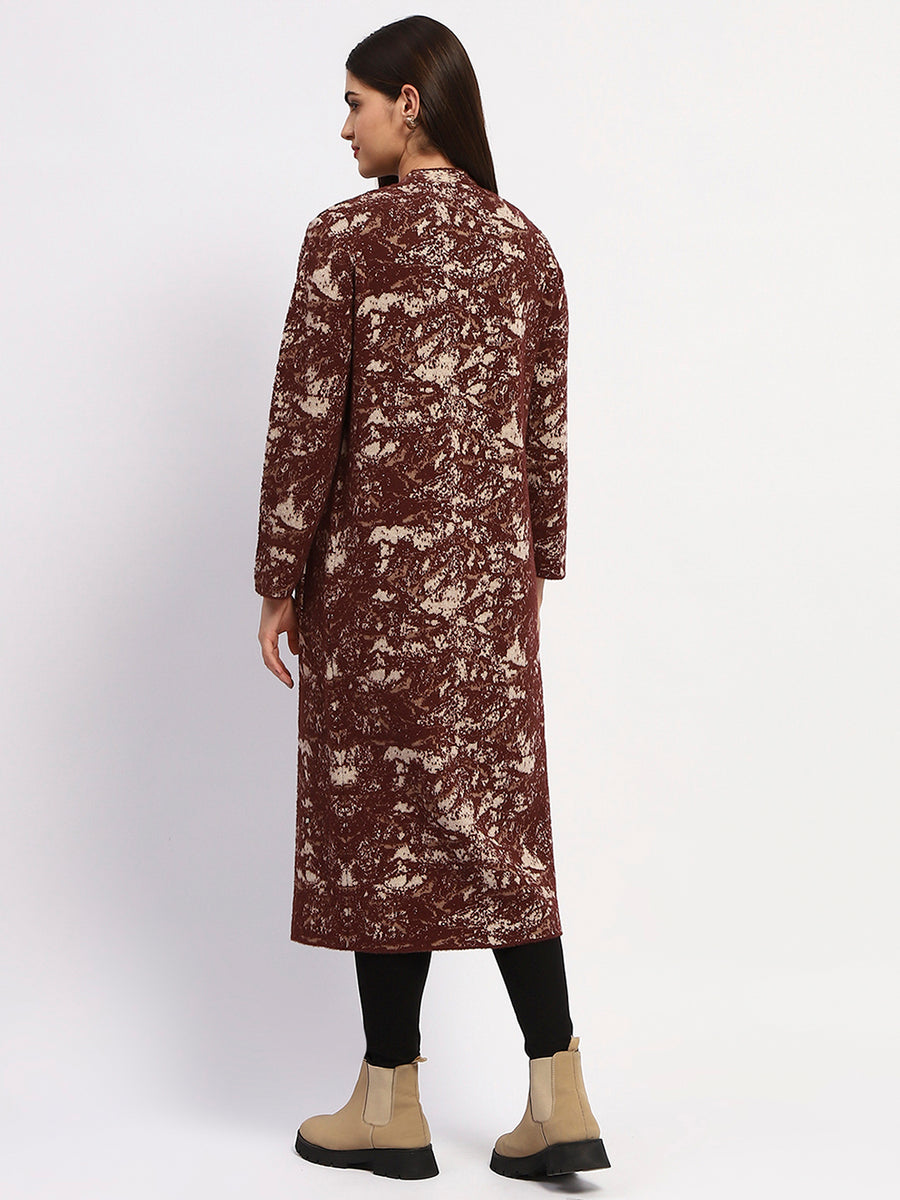 Madame Abstract Print Open Front Chocolate Brown Long Shrug