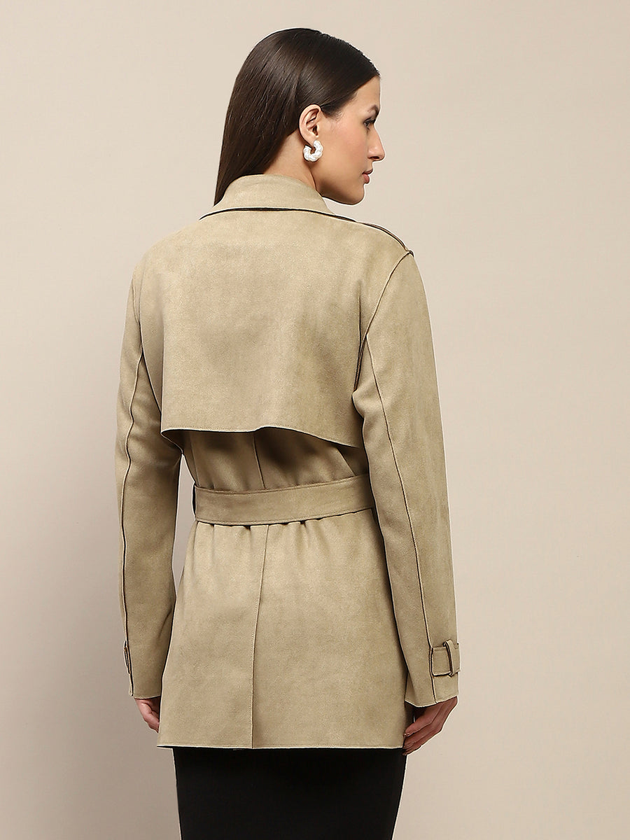 Madame Double Breasted Buckle Belt Detailed Solid Pista Green Trench Shrug