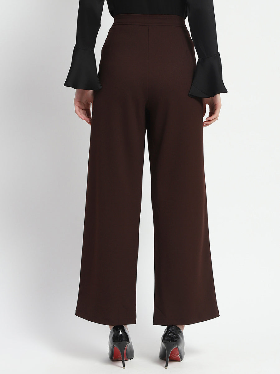 Madame Straight Fit Elasticated Waist Solid Coffee Trousers