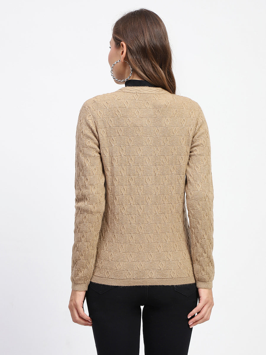 Madame Geometric Pattern Brown Crew Neck Cardigan