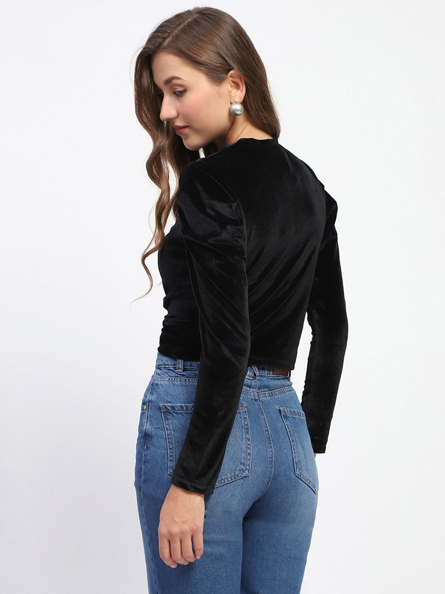 Madame Wrap Detailed Puff Sleeve Black Top