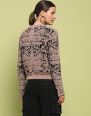 Madame Printed Crew Neck Full Sleeve Brown Sweater