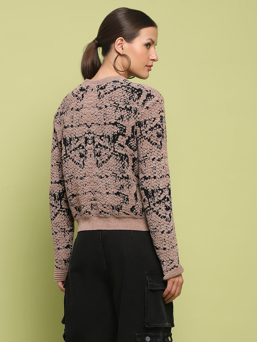 Madame Printed Crew Neck Full Sleeve Brown Sweater