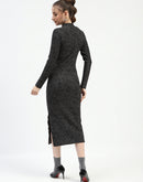 Madame Black Textured Bodycon Dress with Long Sleeves