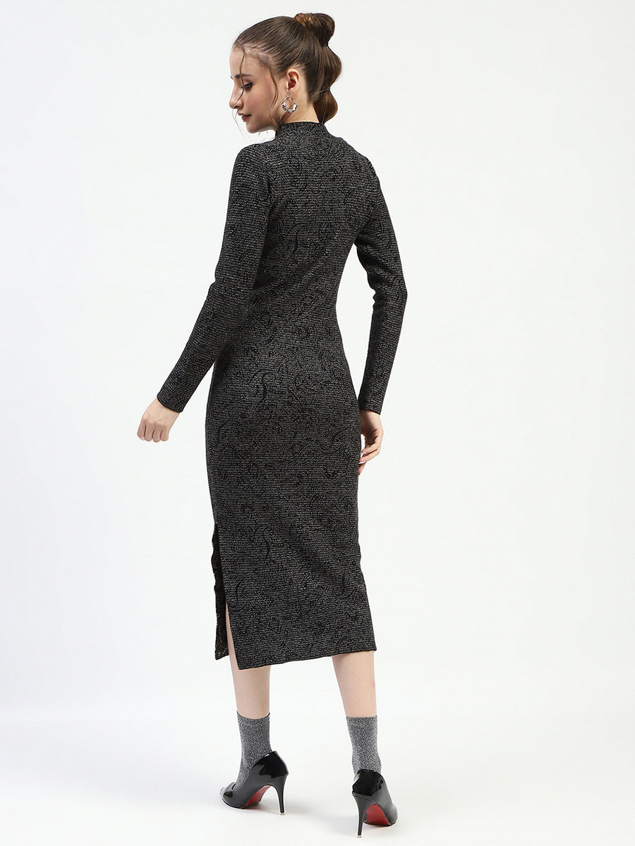 Madame Black Textured Bodycon Dress with Long Sleeves