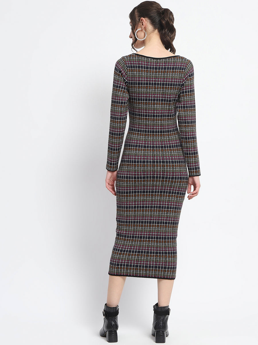 Madame Plaid Print Bodycon Multicolor Midi Dress