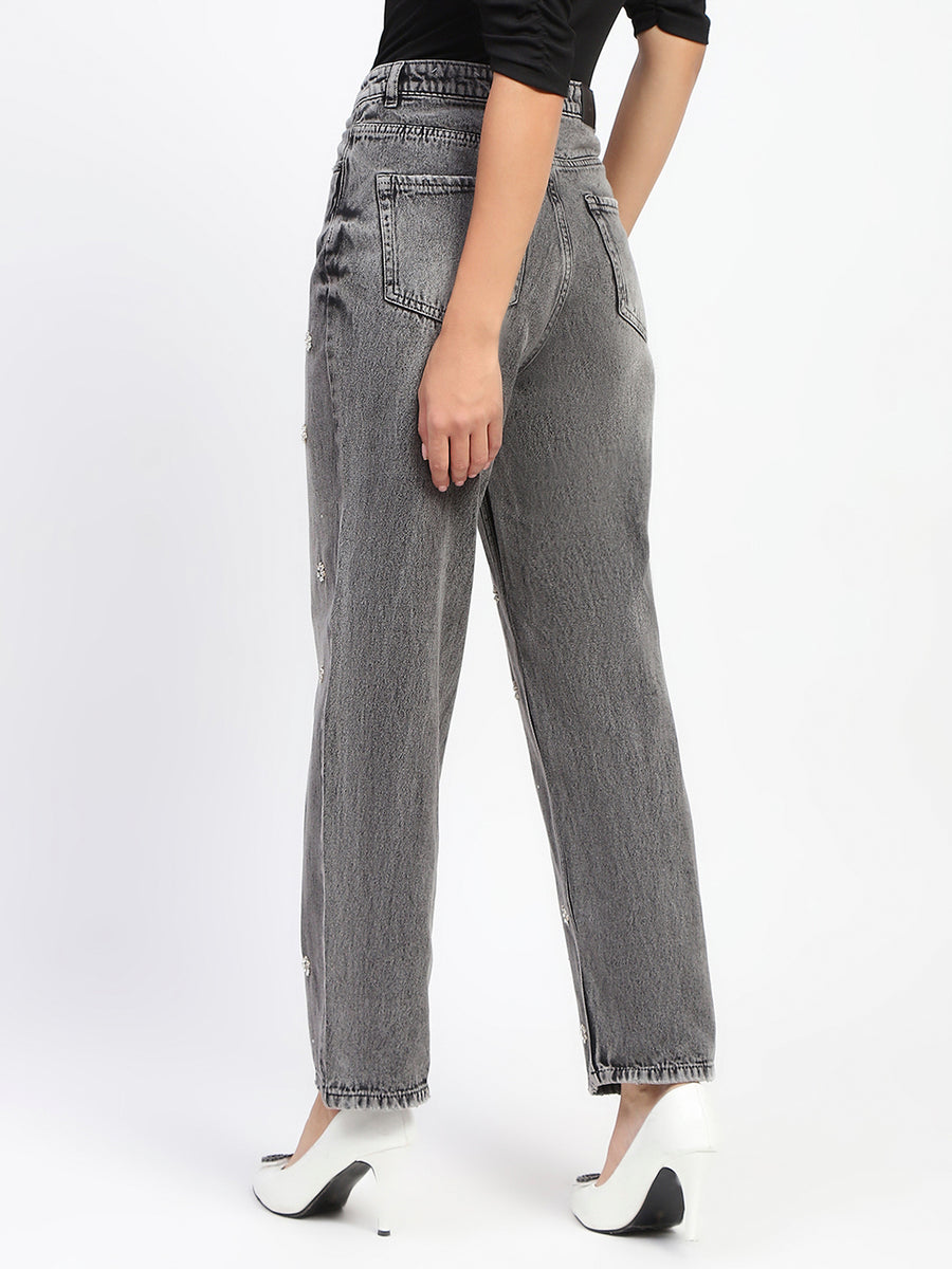 Madame Embellished Gray Wash Straight Fit Black Denim