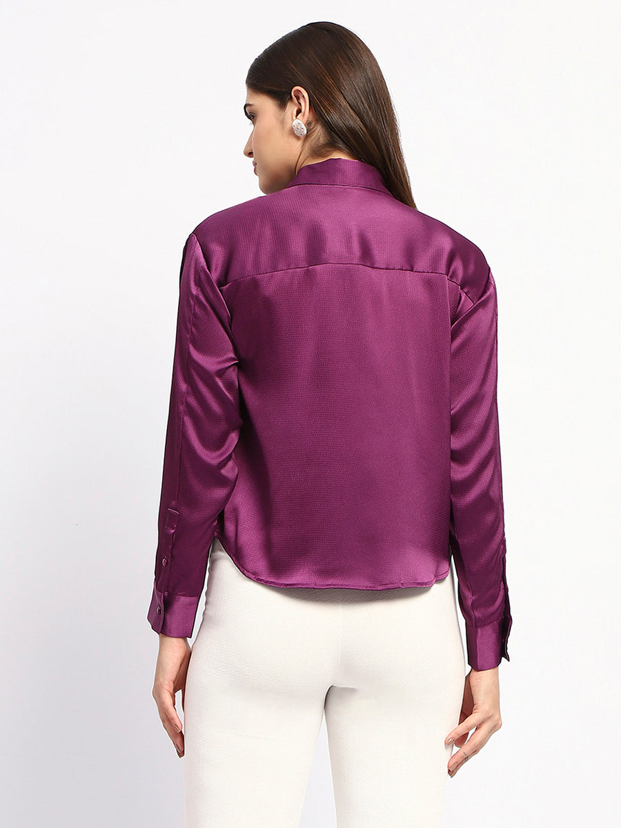 Madame Embellished Collar Cuff Sleeve Solid Purple Shirt