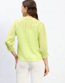 Madame Neon Green Mandarin Neck Frill Sleeve Buttoned Tencel Top