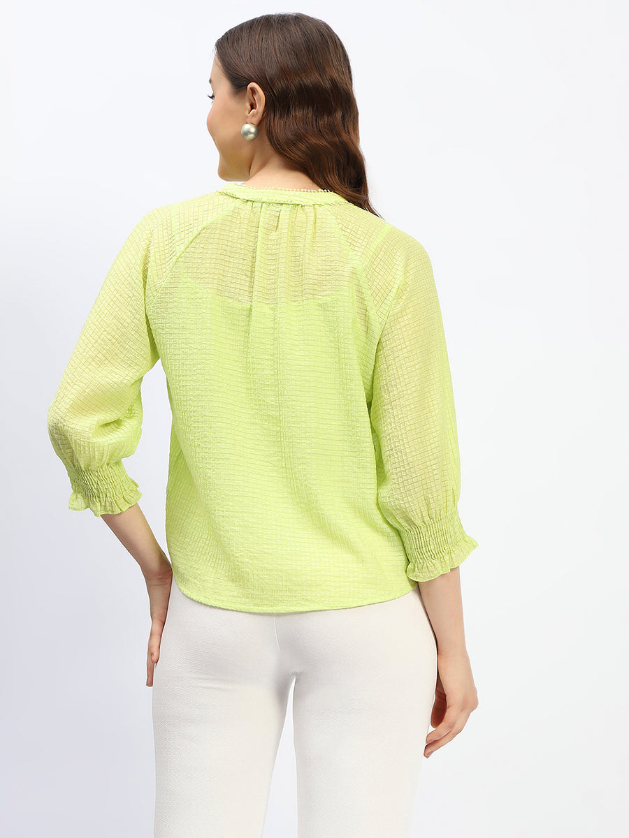 Madame Neon Green Mandarin Neck Frill Sleeve Buttoned Tencel Top