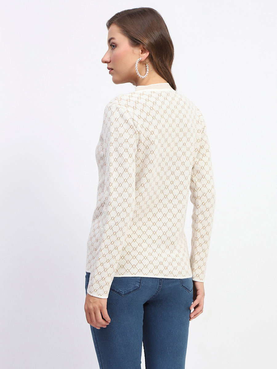 Madame Offwhite Printed Buttoned Cardigan