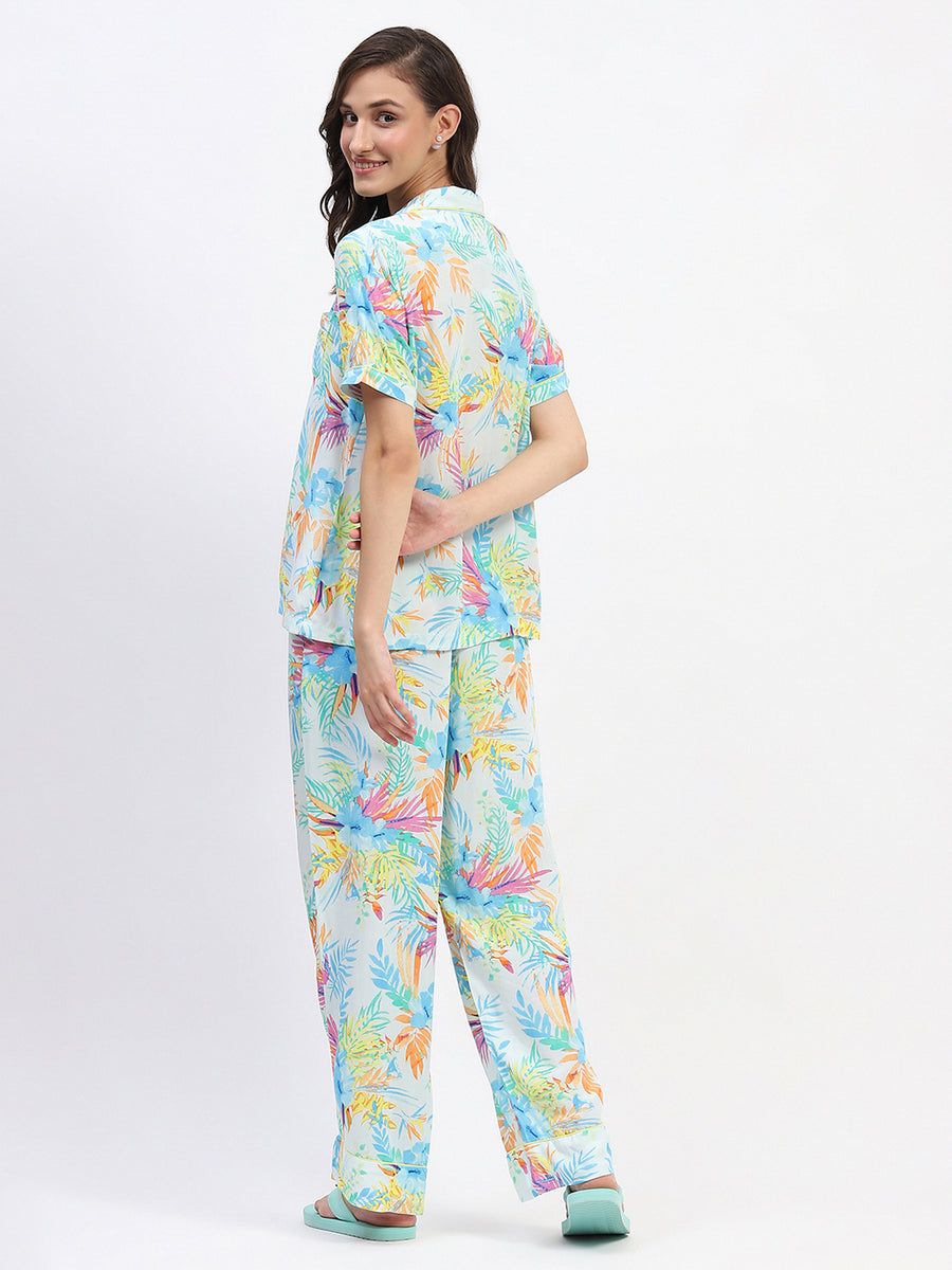 mSECRET Tropical Floral Print Sky Blue Night Suit Set