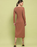 Madame Front Ruched Self Design Rust Red Knit Maxi Dress