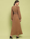 Madame Pleated Front Buckle Detailed Solid Golden Maxi Dress