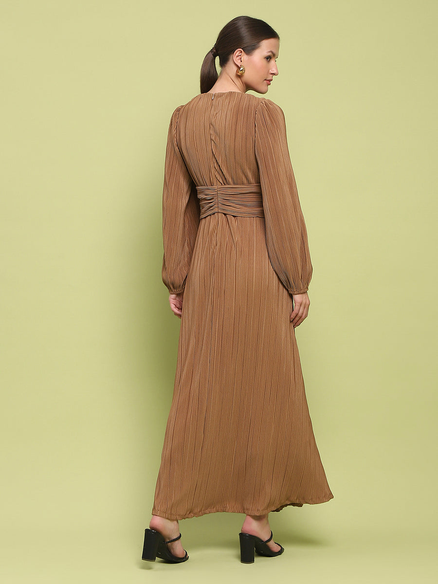 Madame Pleated Front Buckle Detailed Solid Golden Maxi Dress