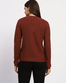 Madame Button Down Cable Knit V Neck Solid Rust Red Cardigan