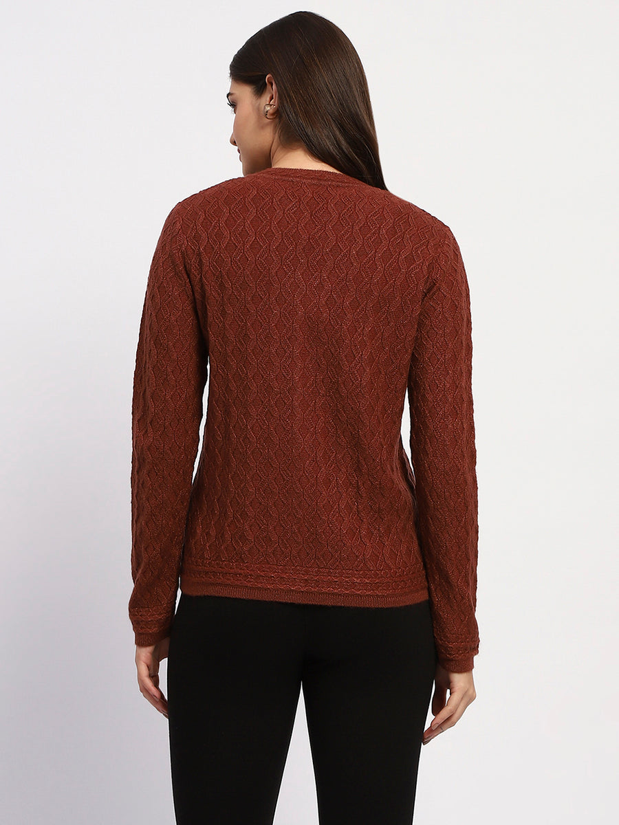 Madame Button Down Cable Knit V Neck Solid Rust Red Cardigan