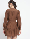 Madame Buckle Detailed Solid Chocolate Brown Shirt Dress