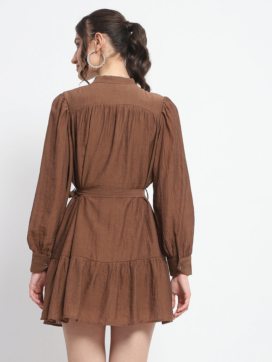 Madame Buckle Detailed Solid Chocolate Brown Shirt Dress