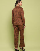 Madame Suede Belted Drawstring Top And Bottom Printed Brown Ensemble