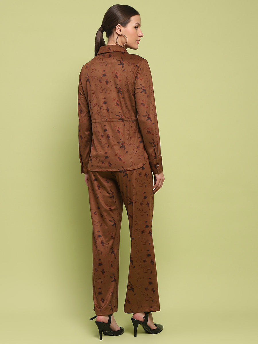 Madame Suede Belted Drawstring Top And Bottom Printed Brown Ensemble