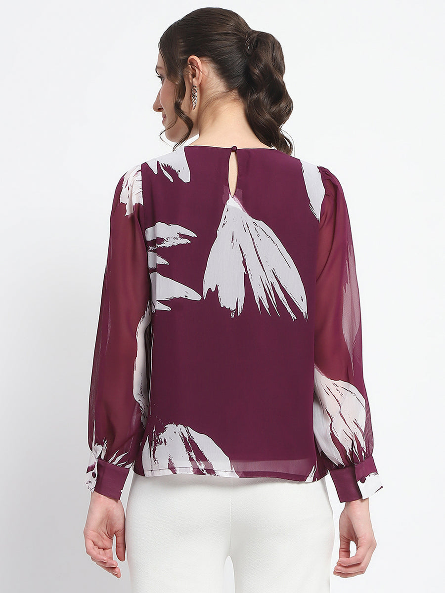 Madame Botanical Print Round Neck Plum Top