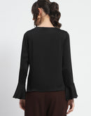 Madame Solid Black Ruffle Sleeve Satin Top