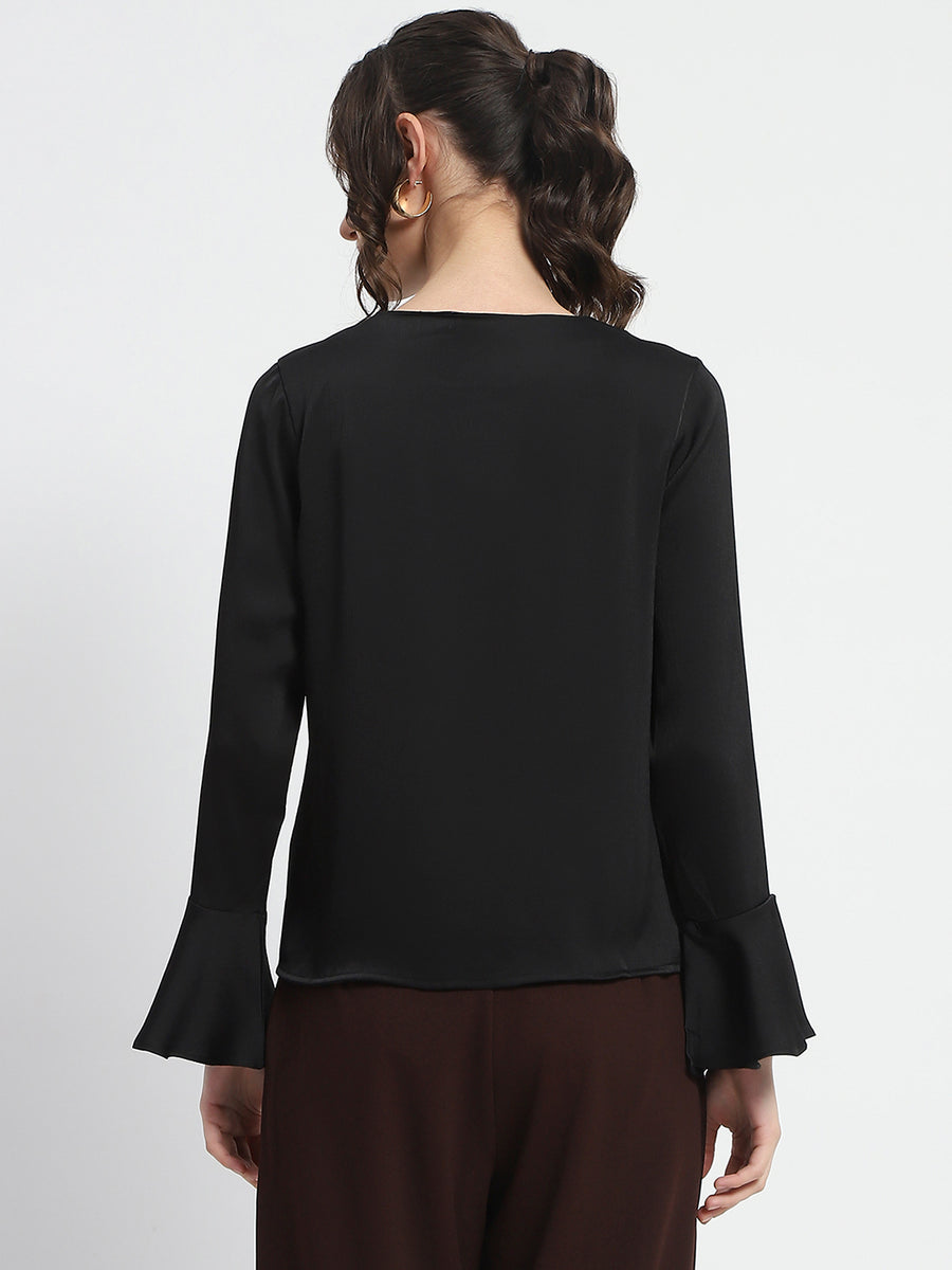 Madame Solid Black Ruffle Sleeve Satin Top