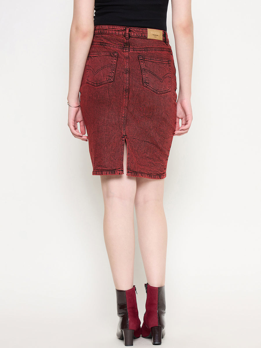 Madame Acid Wash Cotton Blend Red Denim Skirt