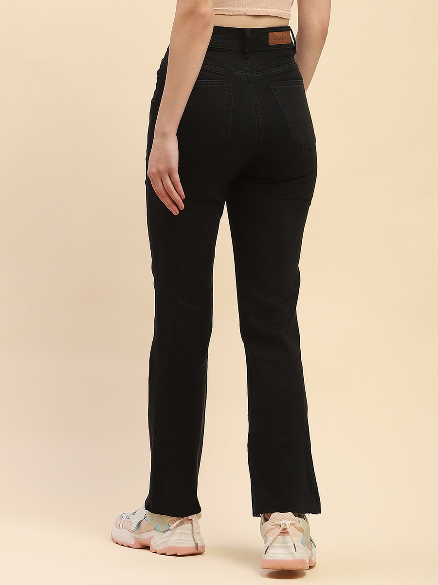 Camla Barcelona Solid Black Side Slit Jeans