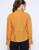 Madame Pleat Detailed Pearl Buttoned Solid Mustard Yellow Shirt