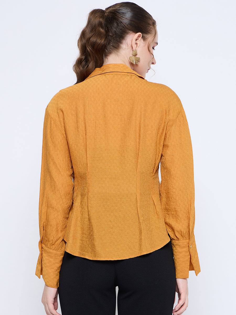 Madame Pleat Detailed Pearl Buttoned Solid Mustard Yellow Shirt