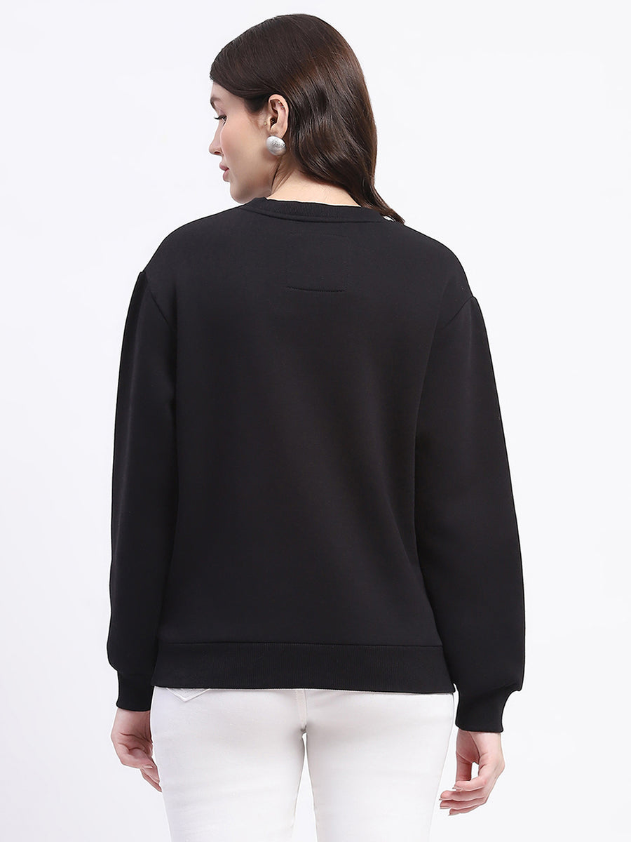 Madame Fleece Handwork And Embroidered Black Sweatshirt  For Women