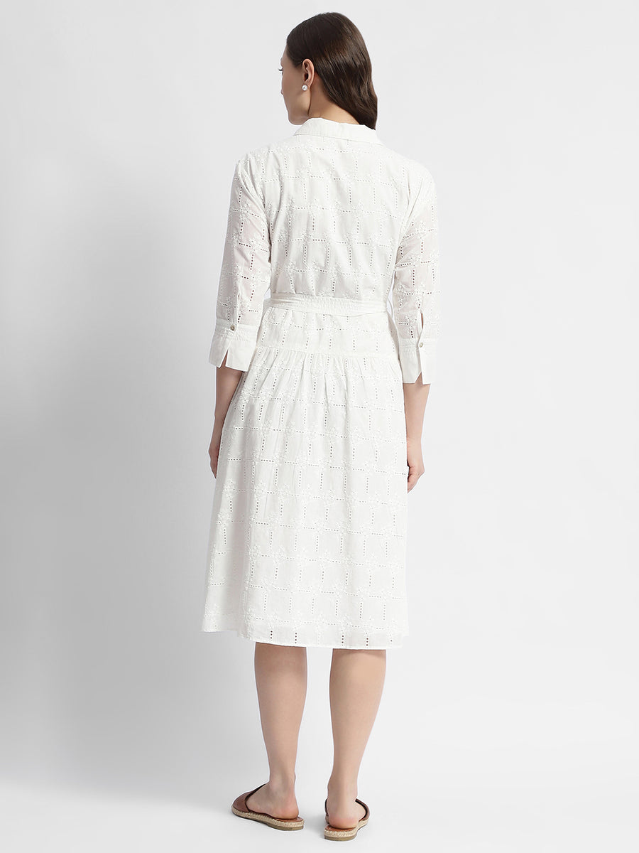 Madame White Schiffli Self Belted Midi Shirt Dress