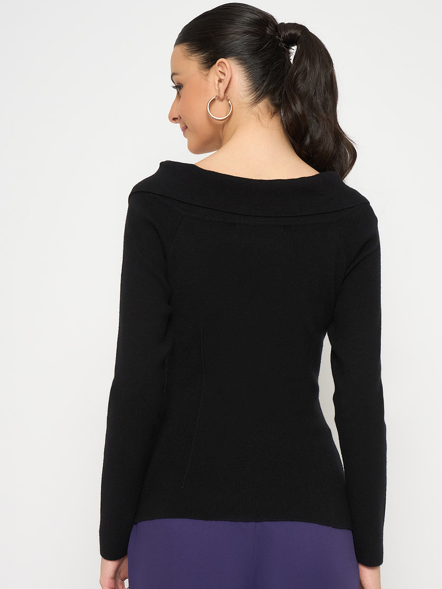 Madame Viscose Blend Open Shoulder With Zip Black Top