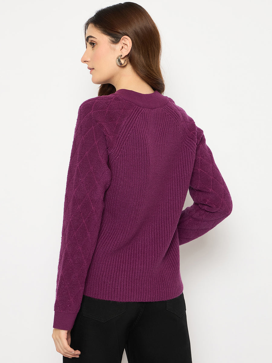 Madame Self Design Zipped Purple Sweater