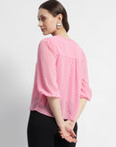 Madame V-Neck Puffed Sleeve Pink Dobby Top