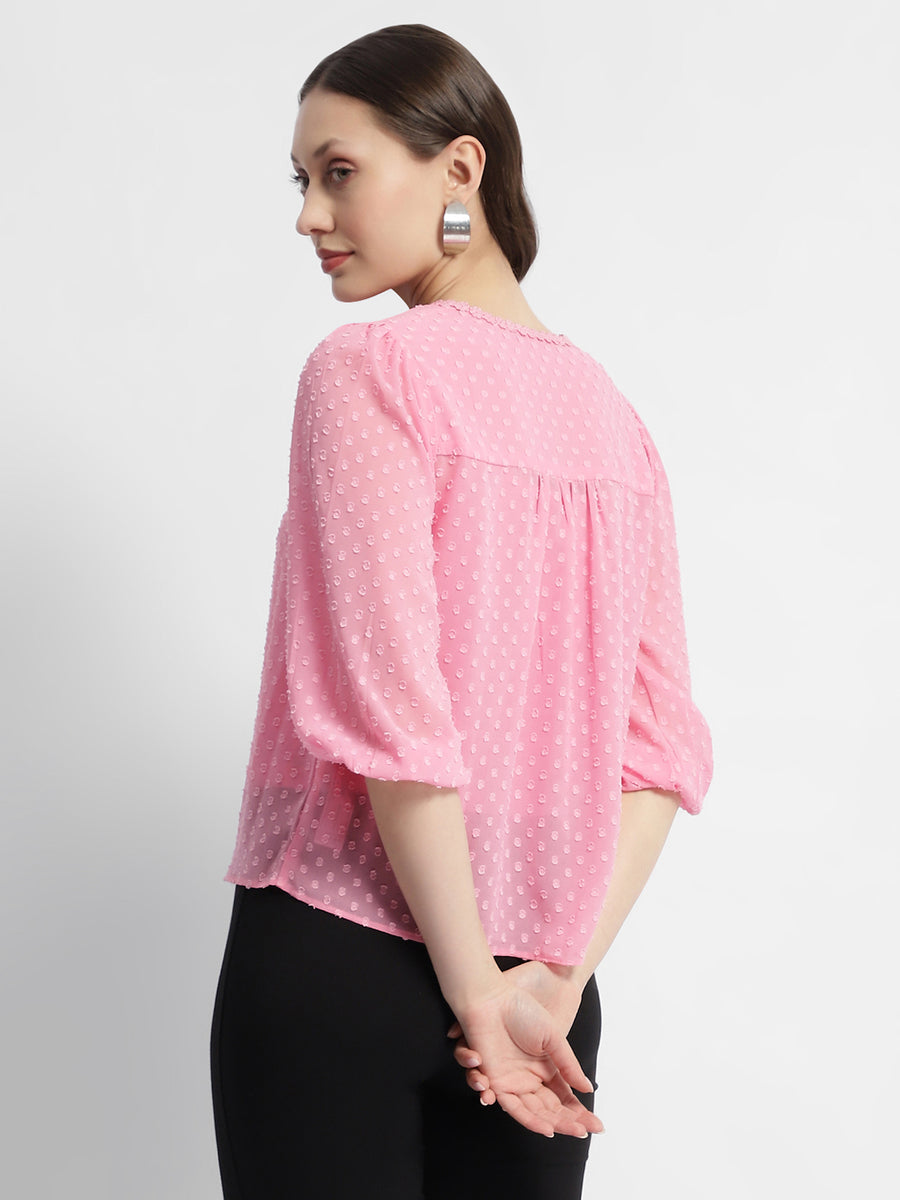 Madame V-Neck Puffed Sleeve Pink Dobby Top