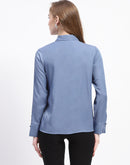 Madame Ruffle Collar Solid Blue Shirt