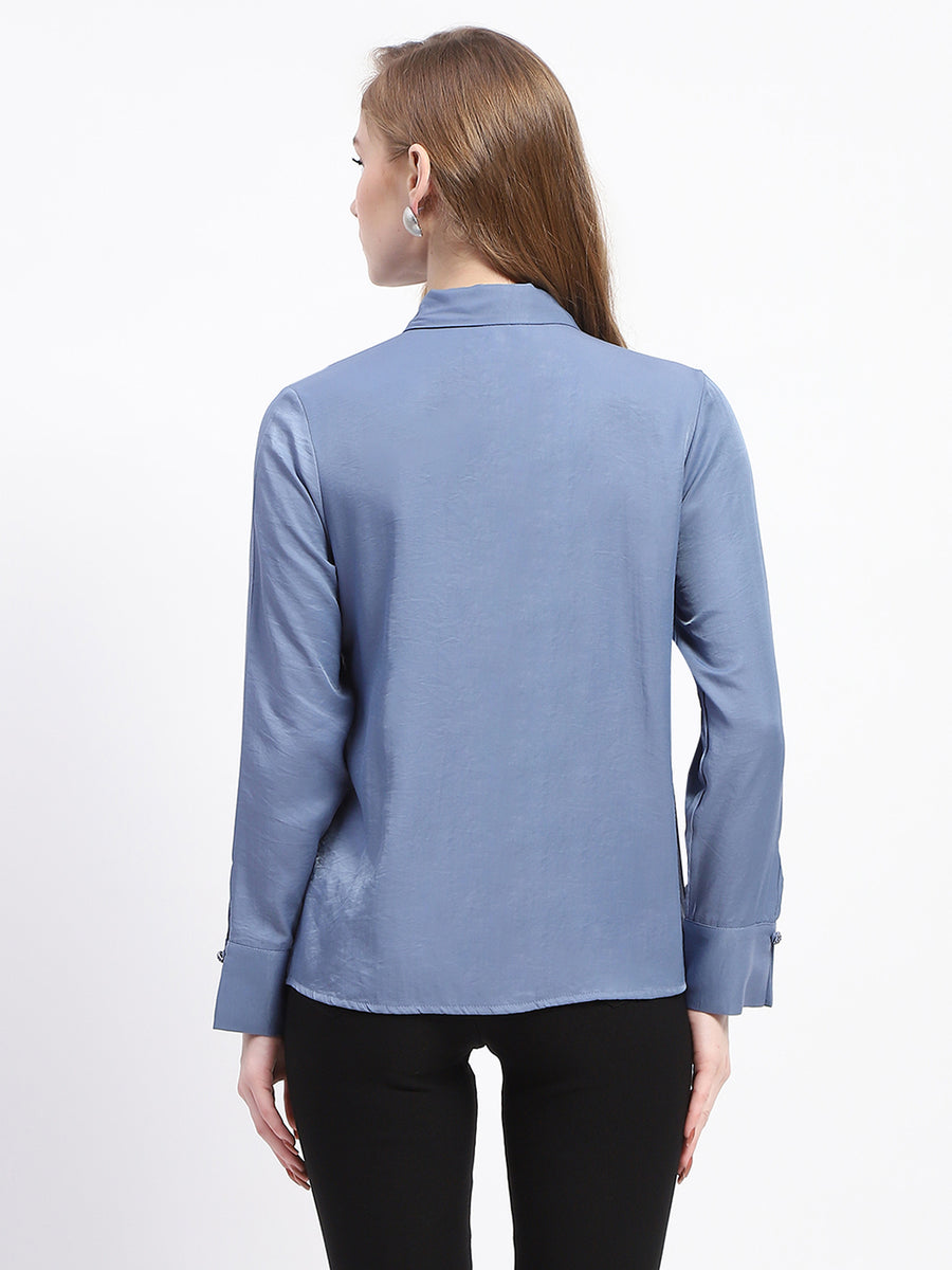 Madame Ruffle Collar Solid Blue Shirt