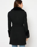 Madame Faux Fur Appliqué Double Breasted Black Long Coat