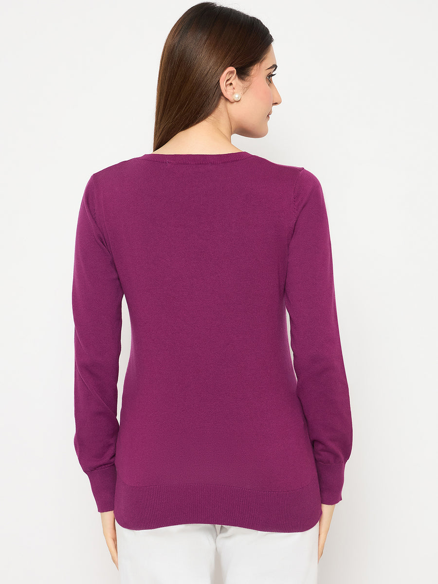 Madame Round Neck Ribbed Cuff Purple Sweater