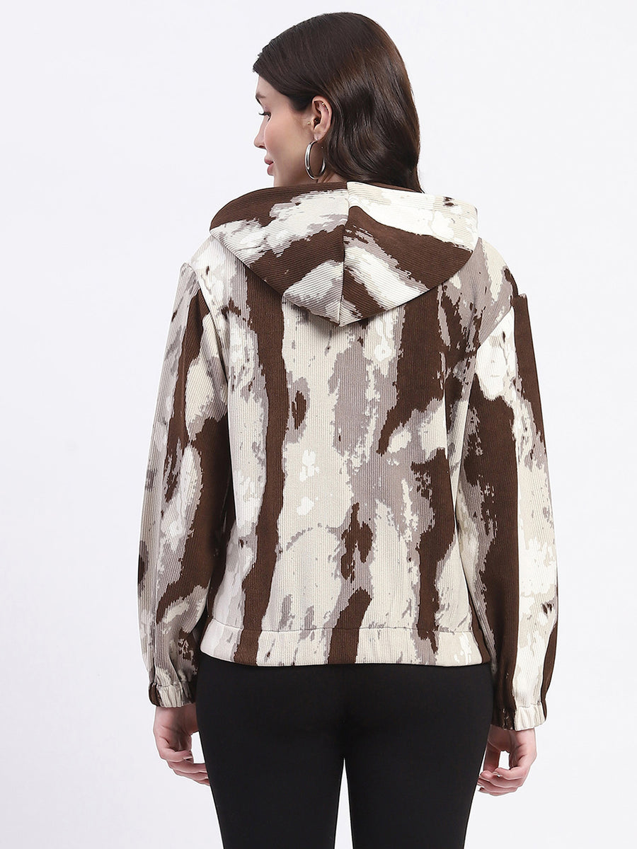 Madame All Over Print Zipped Brown Hooded Sweatshirt For Women