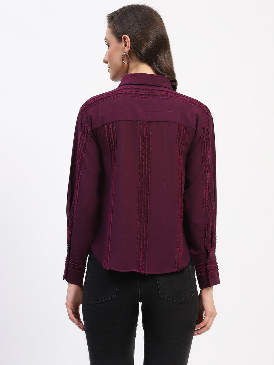 Madame Frayed Detailing Cuff Sleeve Plum Shirt